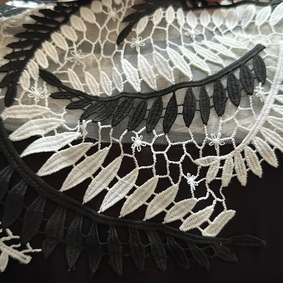 WHITE HOUSE BLACK MARKET-Black/White Lace Detail Top-Cap Sleeves-Knit Body Sz M - Picture 4 of 12